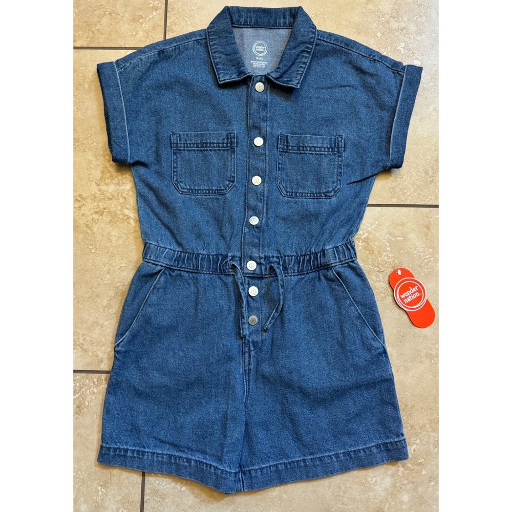 Wonder Nation Denim Romper Girls M 8 Blue Utility Snap Front Short Sleeve NEW